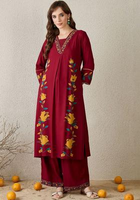 Maroon Printed Viscose Kurta Set