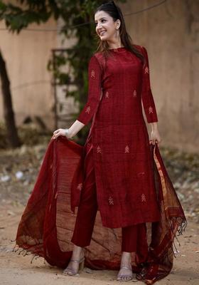 Maroon Printed Viscose Kurta Set