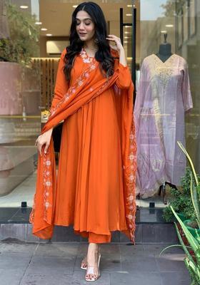 Orange Yoke Design Viscose Kurta Set