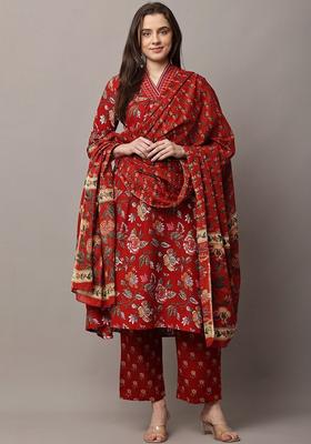 Red Printed Viscose Kurta Set