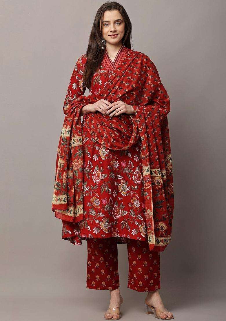 Red Printed Viscose Kurta Set - Indya