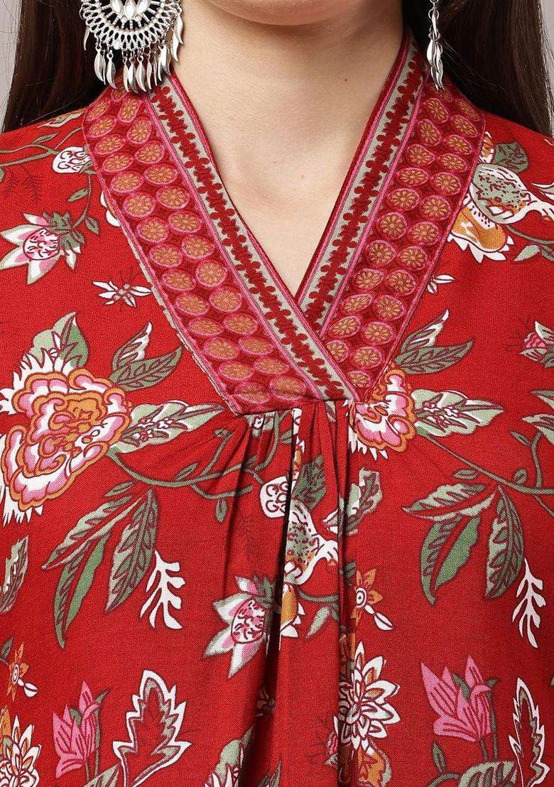 Red Printed Viscose Kurta Set - Indya