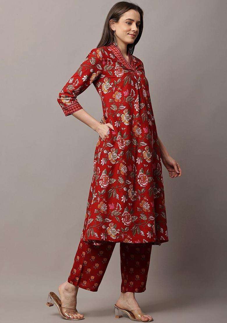 Red Printed Viscose Kurta Set - Indya