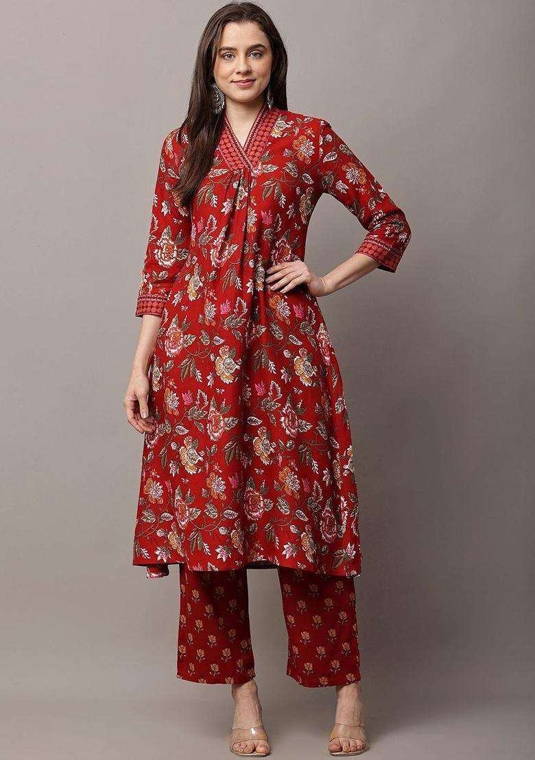 Red Printed Viscose Kurta Set - Indya