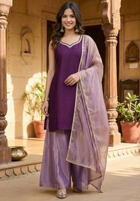 Purple Solid Cotton Kurta Set