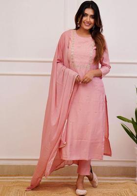 Peach Embroidered Viscose Kurta Set