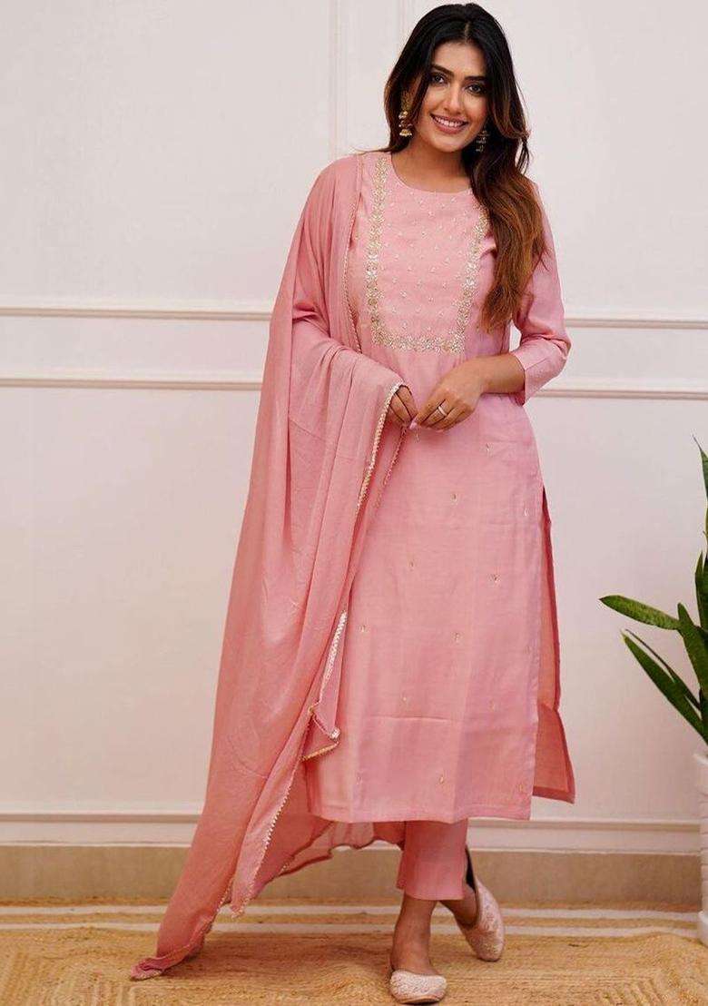 Peach Embroidered Viscose Kurta Set - Indya