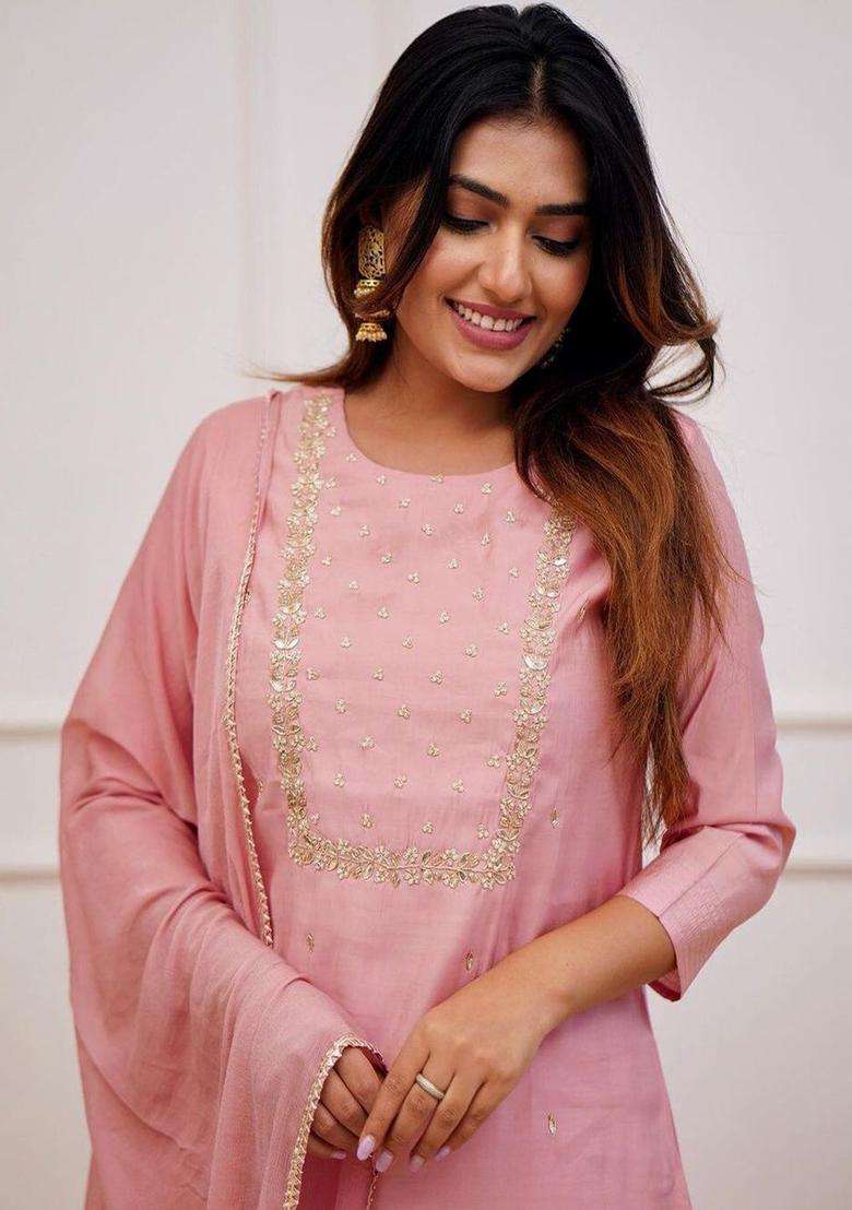 Peach Embroidered Viscose Kurta Set - Indya