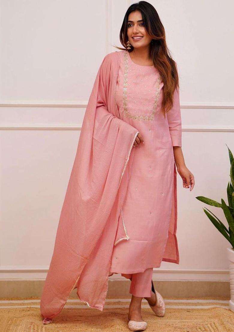 Peach Embroidered Viscose Kurta Set - Indya