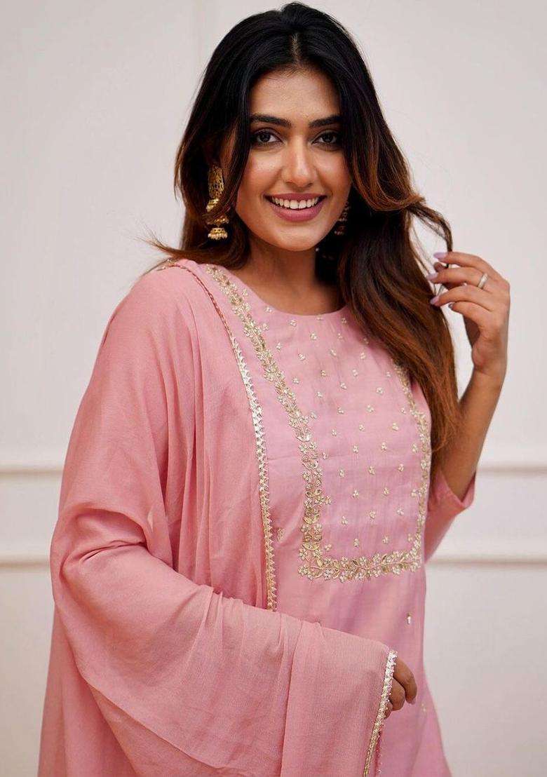 Peach Embroidered Viscose Kurta Set - Indya