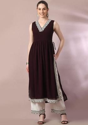 Coffee Brown Solid Georgette Kurta Set