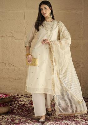Cream Printed Silk Kurta Set