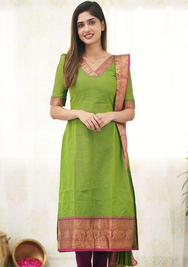 Lime Green Solid Cotton Kurta With Dupatta - Indya