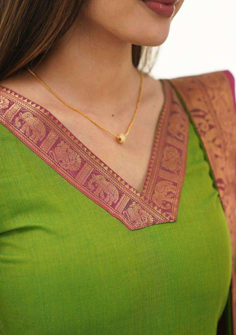 Lime Green Solid Cotton Kurta With Dupatta - Indya