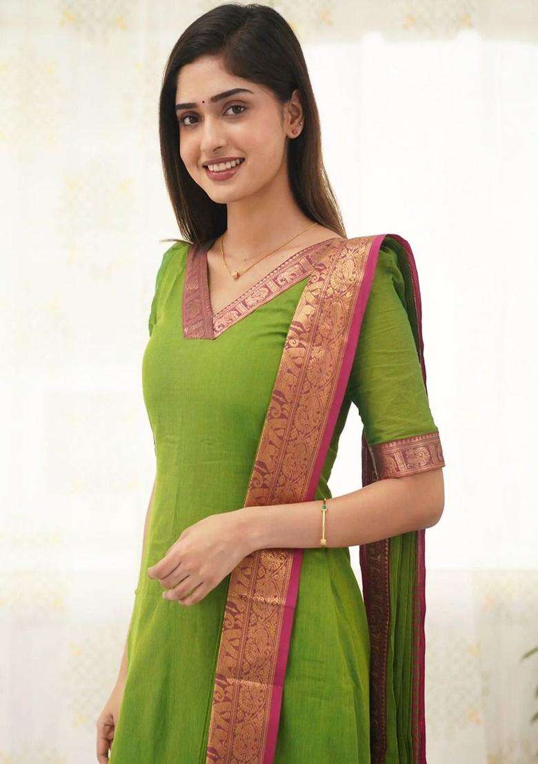 Lime Green Solid Cotton Kurta With Dupatta - Indya