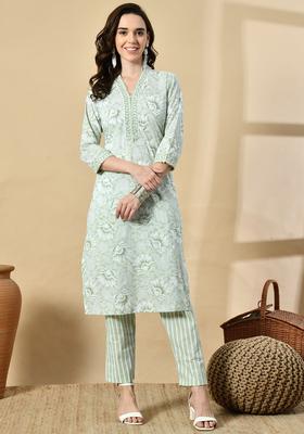 Sea Green Printed Cotton Kurta Set