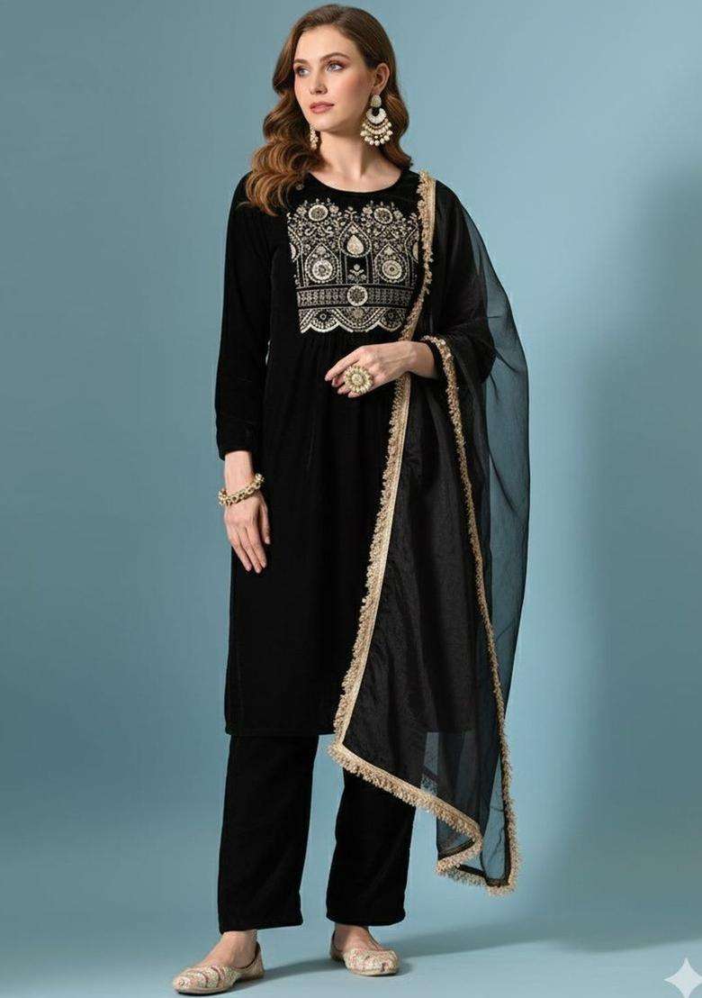 Black Embroidered Velvet Kurta Set - Indya