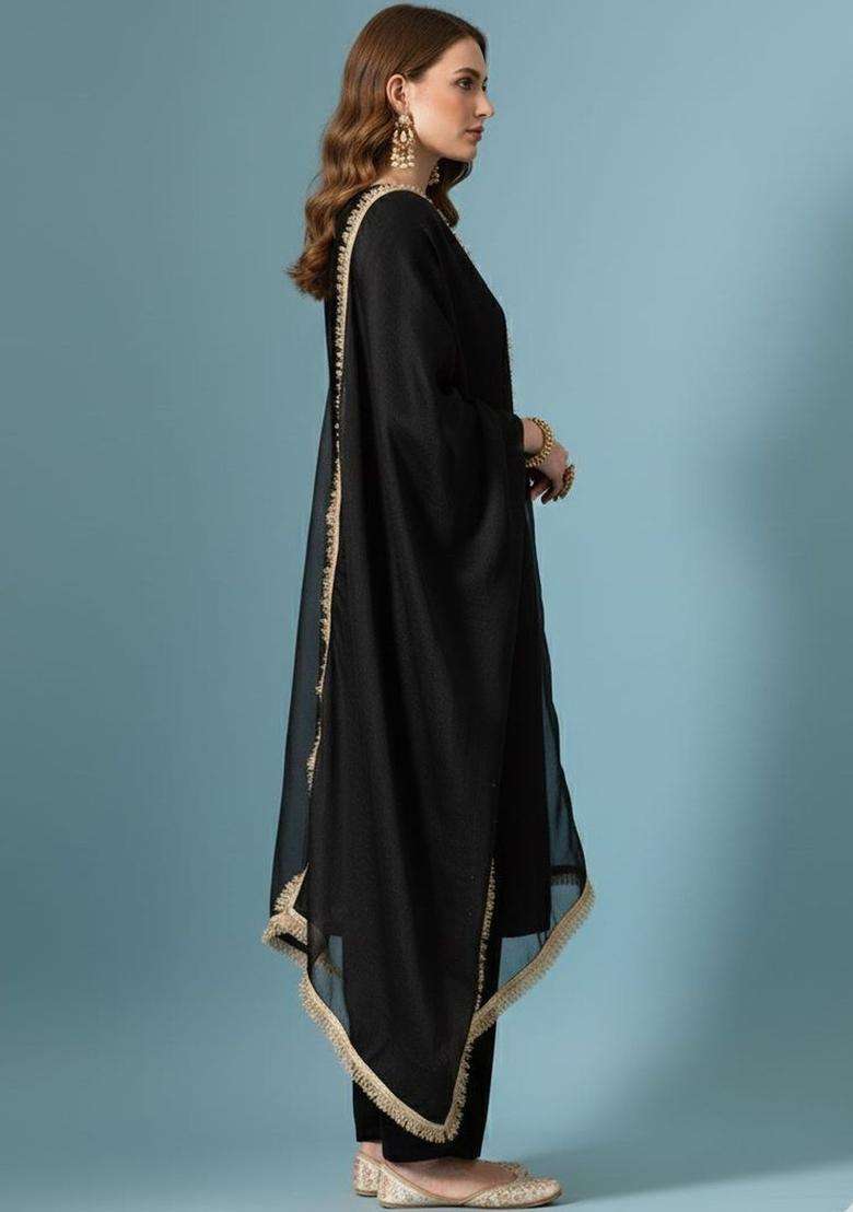 Black Embroidered Velvet Kurta Set - Indya