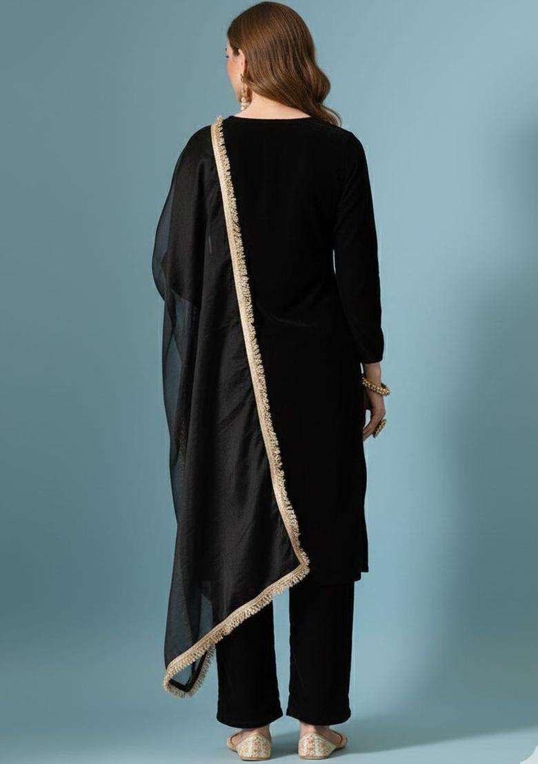 Black Embroidered Velvet Kurta Set - Indya