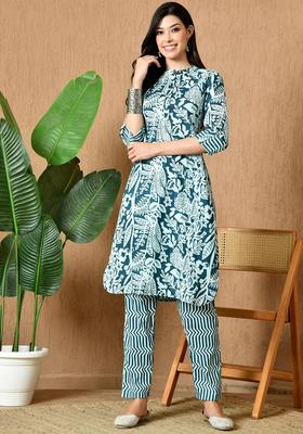 Teal Printed Cotton Kurta Set