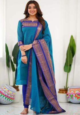 Teal Woven Design Cotton Kurta Set