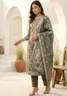 Olive Woven Design Silk Blend Kurta Set