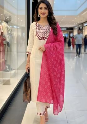 Off White Embroidered Viscose Kurta Set