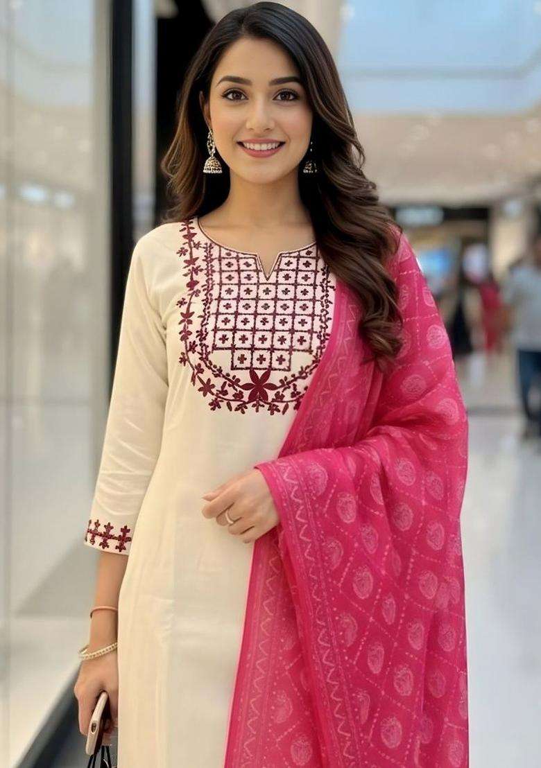 Off White Embroidered Viscose Kurta Set - Indya
