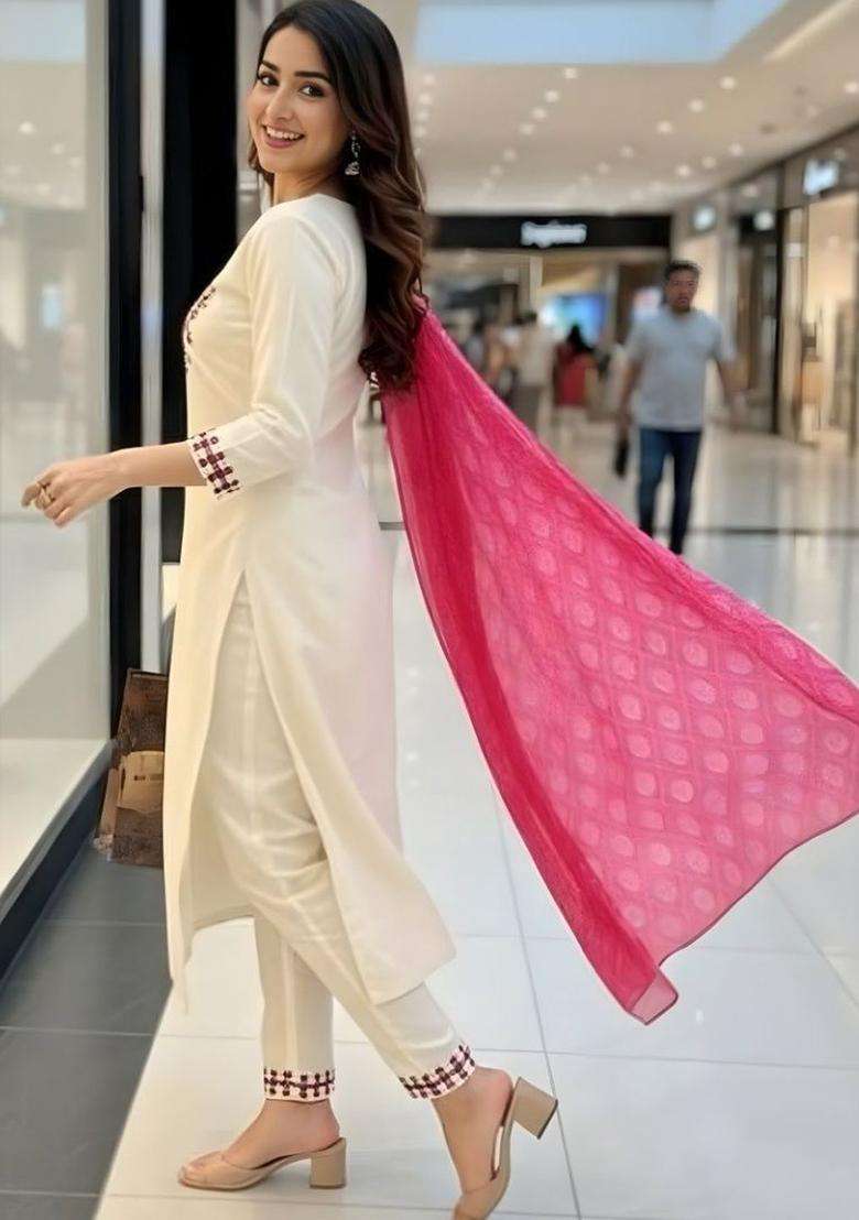 Off White Embroidered Viscose Kurta Set - Indya