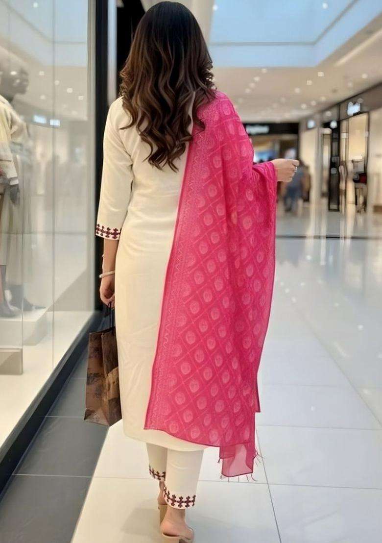 Off White Embroidered Viscose Kurta Set - Indya