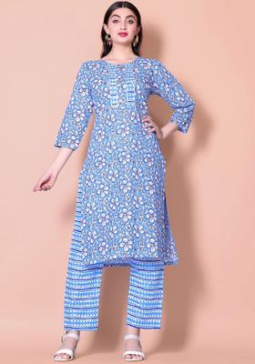 Sea Green Printed Cotton Kurta Set