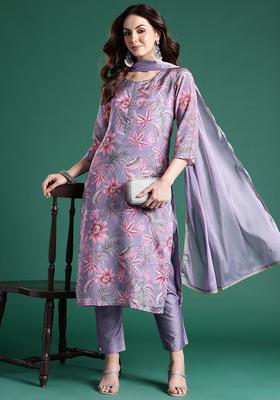 Lavender Printed Silk Kurta Set