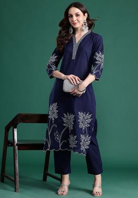 Navy Blue Embroidered Cotton Kurta Set