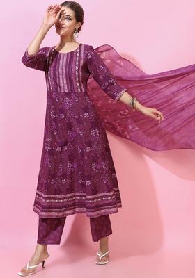 Magenta Embroidered Cotton Kurta Set
