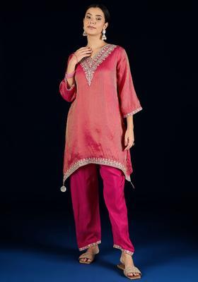 Fuchsia Embroidered Silk Kurta Set