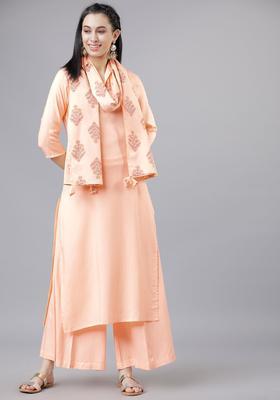 Peach Solid Viscose Kurta Set