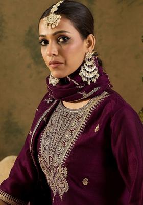 Burgundy Embroidered Silk Blend Kurta Set