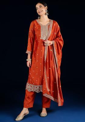 Rust Embroidered Silk Blend Kurta Set