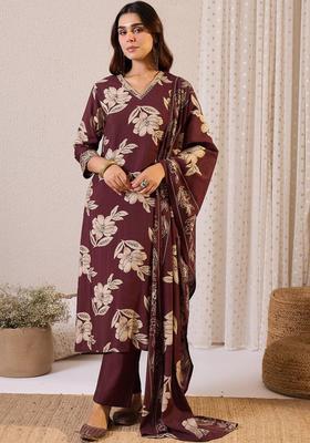 Burgundy Printed Silk Kurta Set