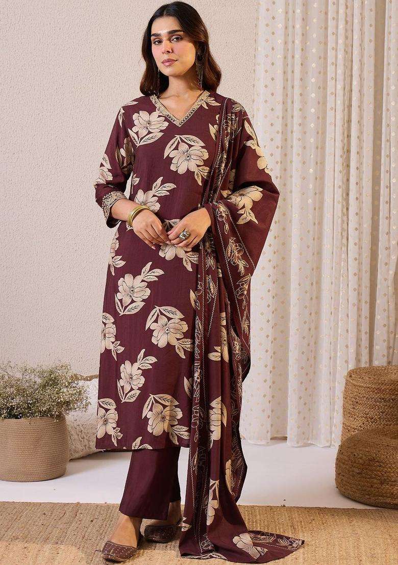 Burgundy Printed Silk Blend Kurta Set - Indya
