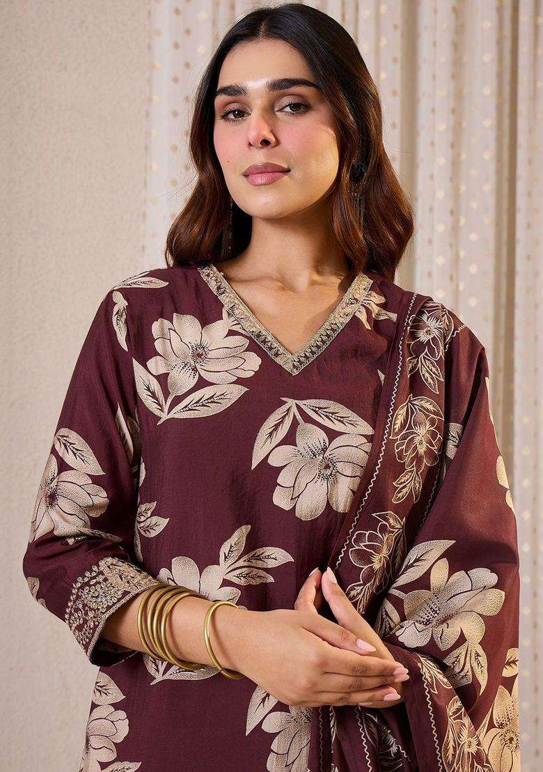 Burgundy Printed Silk Blend Kurta Set - Indya