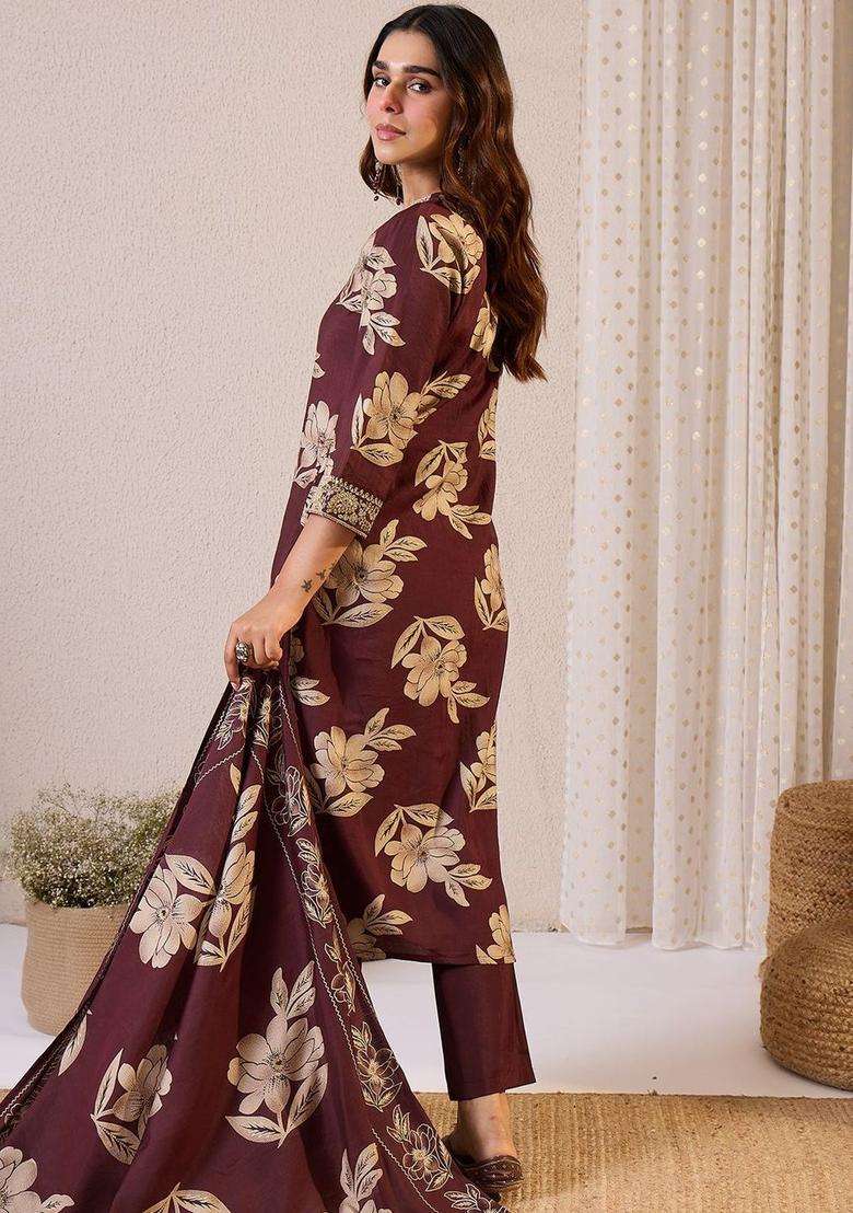 Burgundy Printed Silk Blend Kurta Set - Indya