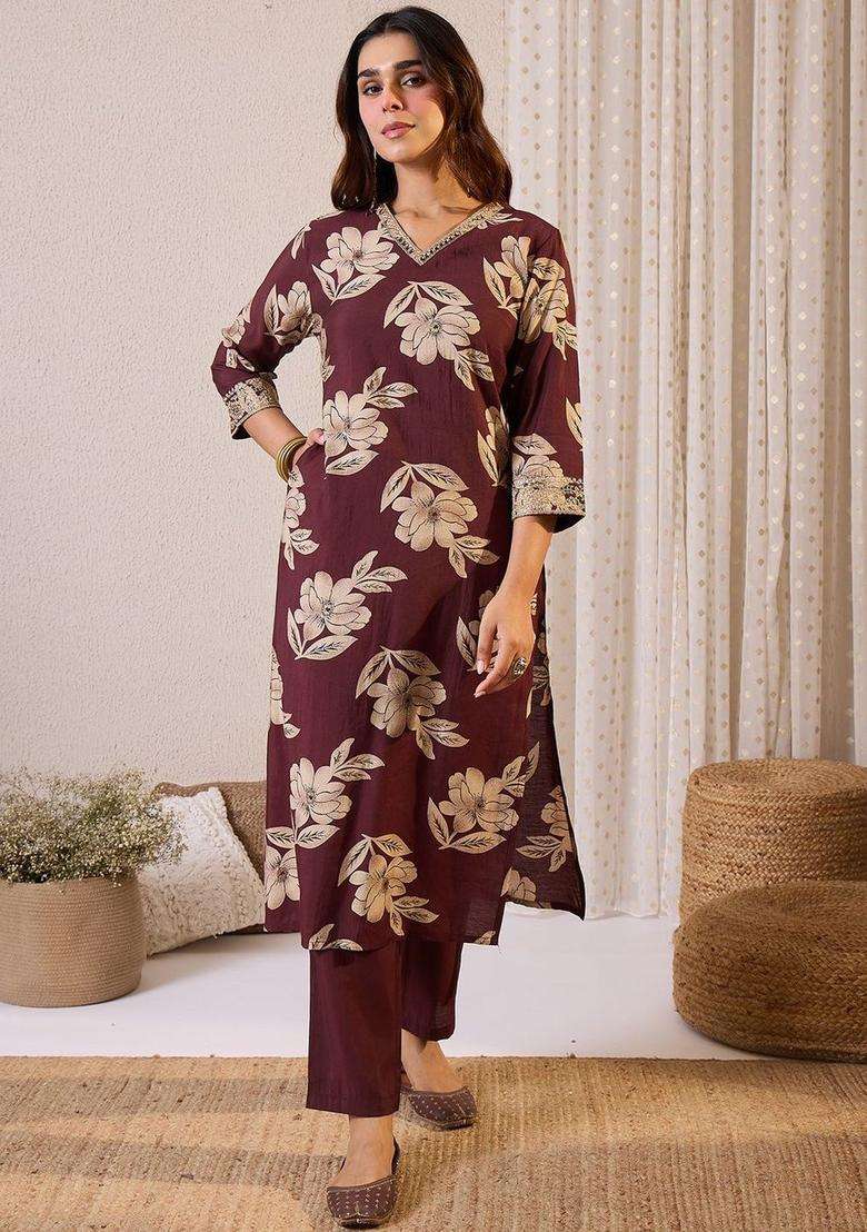 Burgundy Printed Silk Blend Kurta Set - Indya
