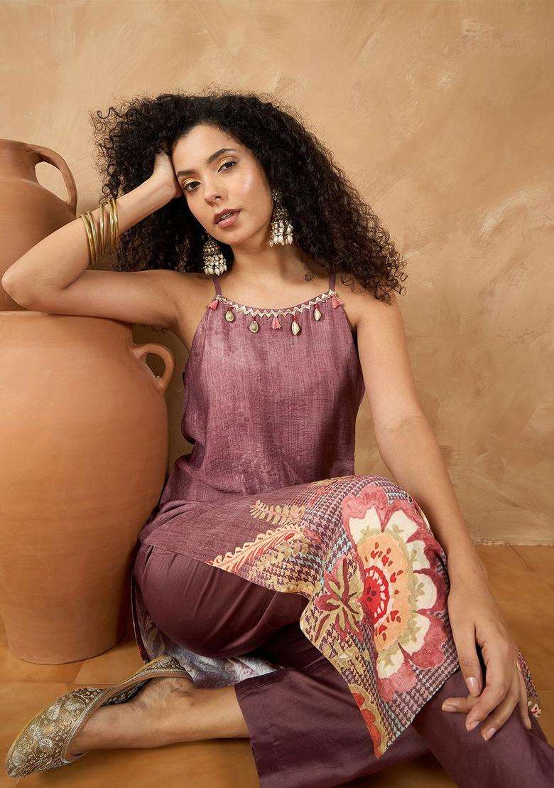 Mauve Printed Silk Blend Kurta Set - Indya