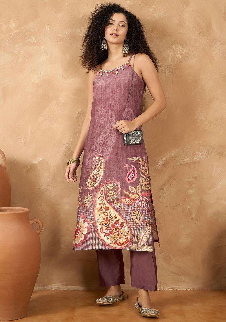 Mauve Printed Silk Blend Kurta Set - Indya