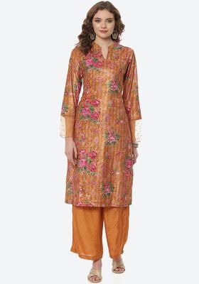 Mustard Printed Polyester Kurta Set