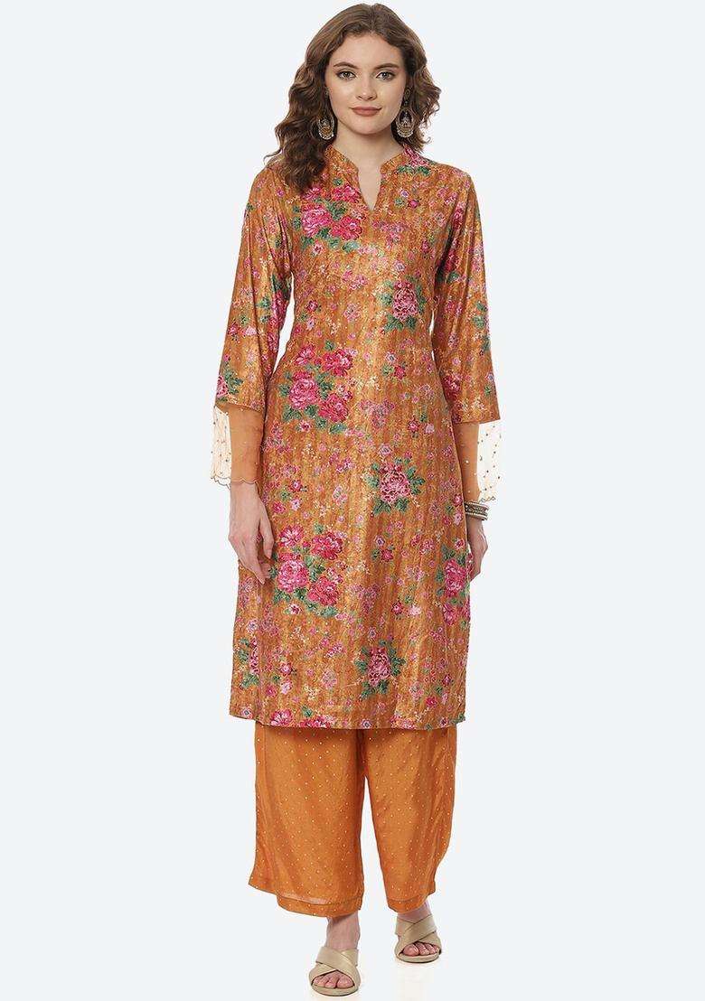 Mustard Printed Polyester Kurta Set - Indya