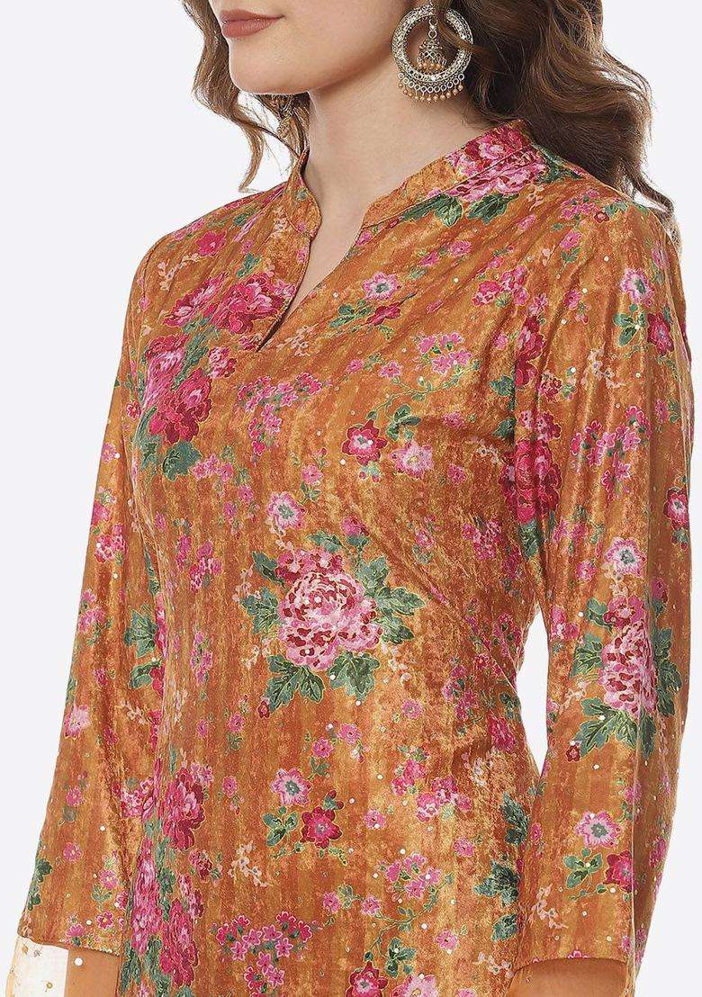 Mustard Printed Polyester Kurta Set - Indya
