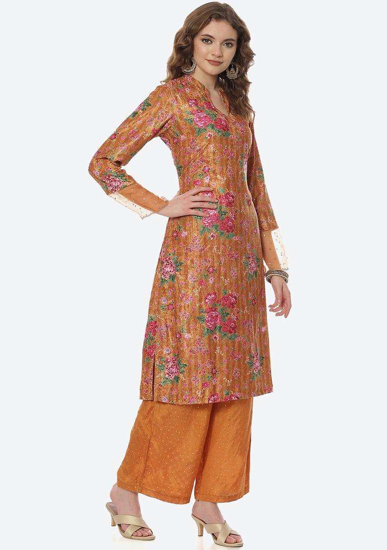 Mustard Printed Polyester Kurta Set - Indya