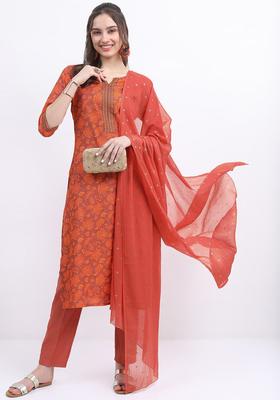 Rust Printed Viscose Kurta Set